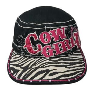 Academy Fits Army Cap Black Pink Zebra Print Cowgirls Hat One Size Rhinestones
